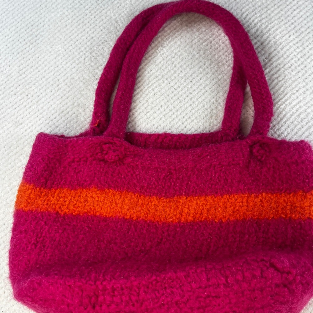 Handmade Felted Wool Tote Bag Magenta Pink Orange Stripe Boho Knit Handbag